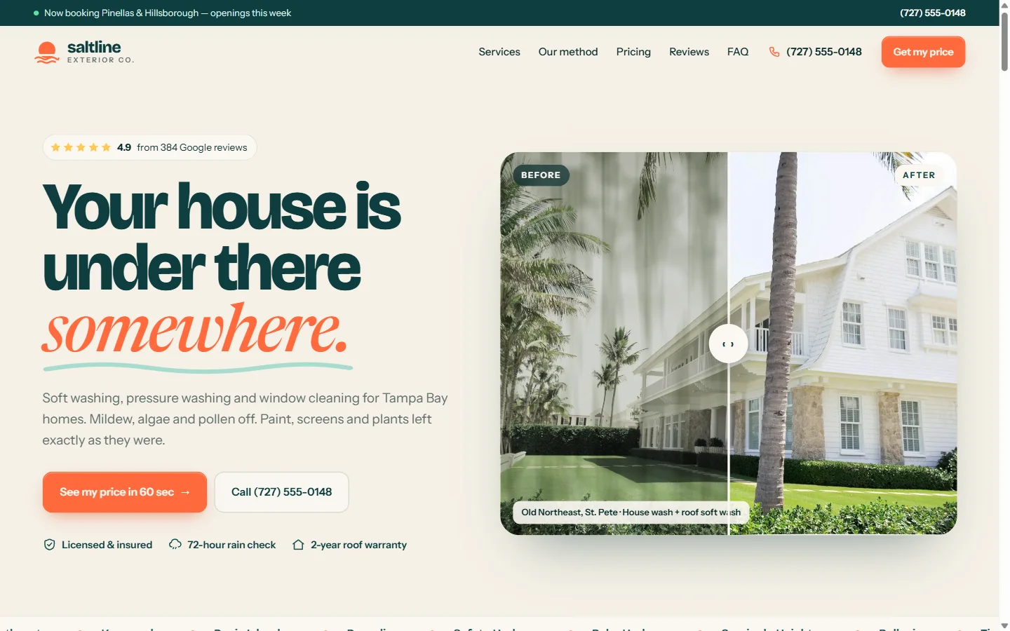 Saltline Exterior Co. homepage with before-and-after slider